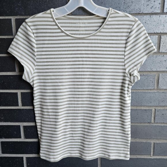 American Eagle AE Fitted Soft White & Sage Green Short Sleeve Striped Top Size L - Picture 9 of 10
